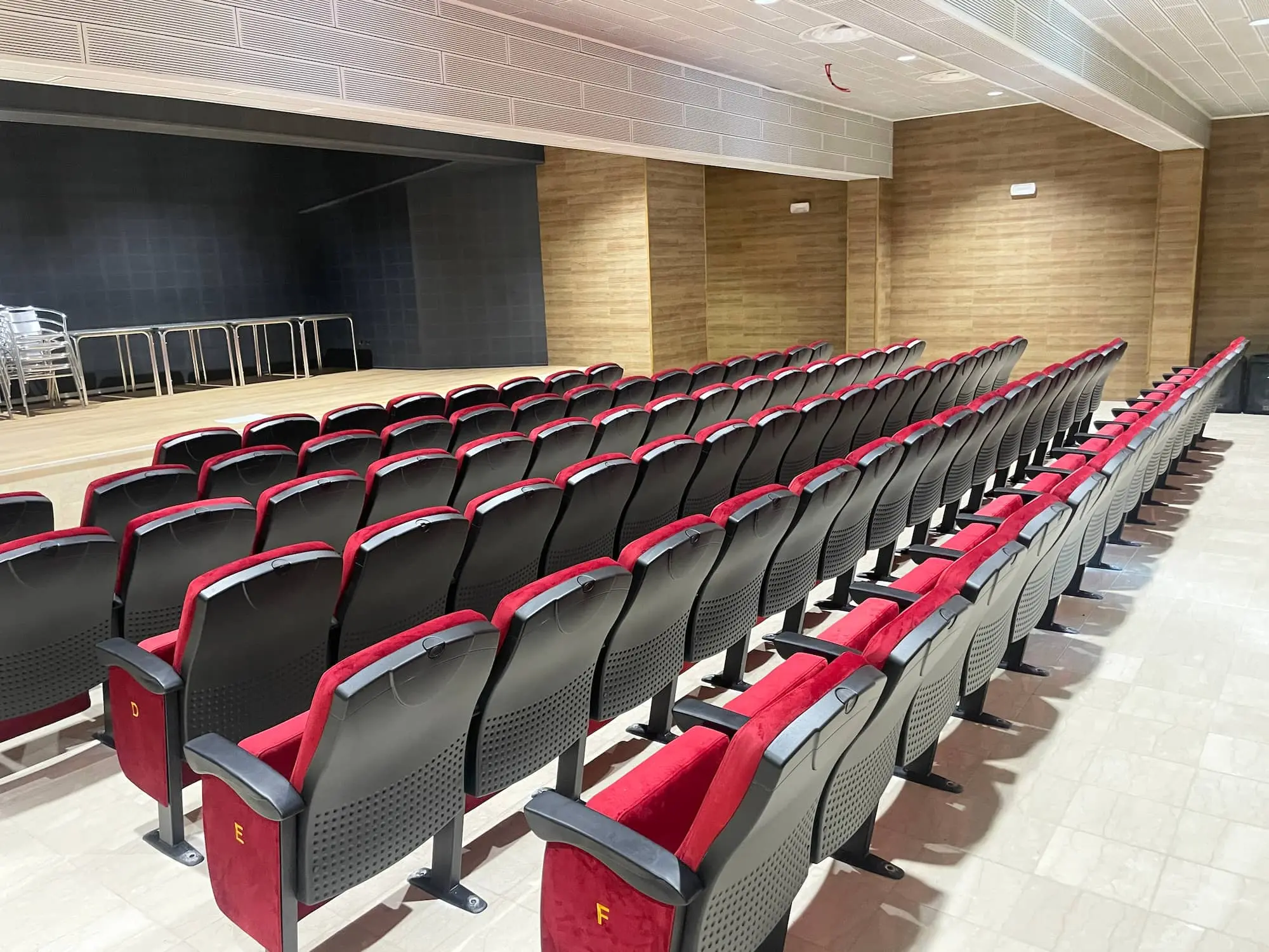 3/4 rear view of the Mazzarino Movie Theater with cinema seats