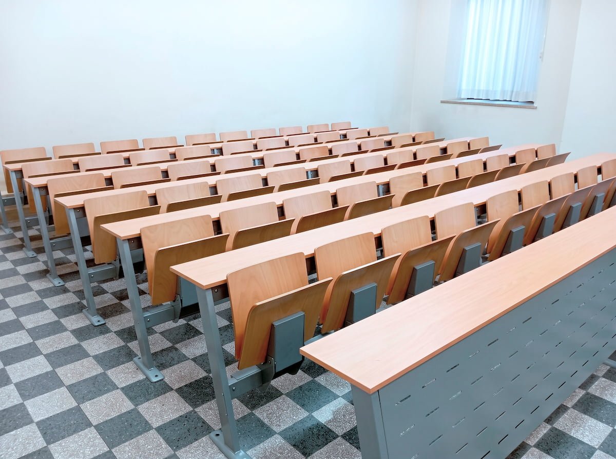 LCF university desks, 3/4 front view from the left of the Vatican classroom